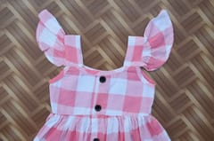 Pink checked frill sleeve dress with front buttons