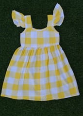 yellow checked frill sleeve dress with front buttons
