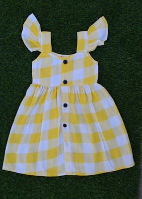yellow checked frill sleeve dress with front buttons