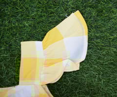 yellow checked frill sleeve dress with front buttons