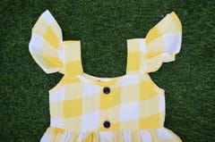 yellow checked frill sleeve dress with front buttons