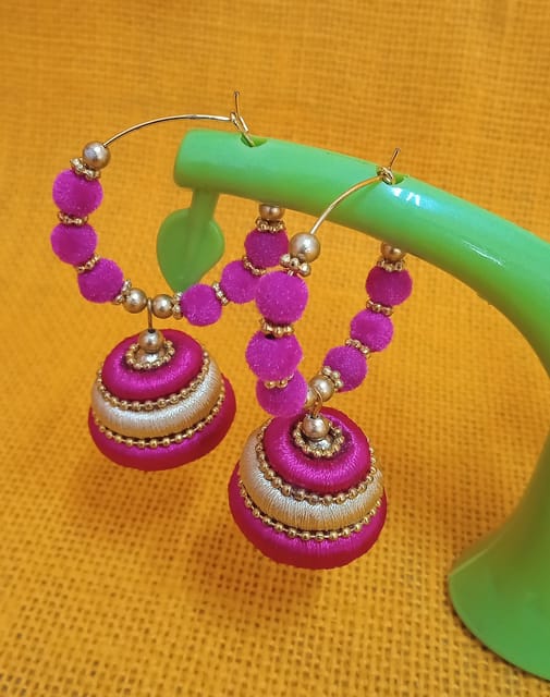 Thread Trends Pink Silk Thread Jhumkas Beads Dori Hoop Earrings for Women 0028
